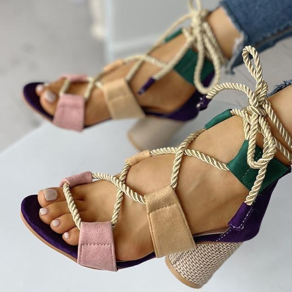 Color block lace up heeled sandals